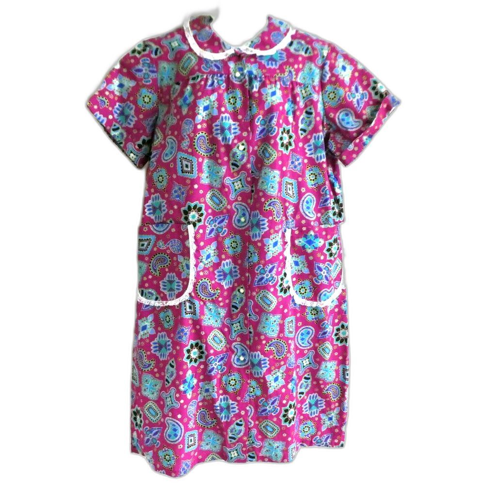 Vintage USA Purple Housecoat MuuMuu Farmhouse Lace Pearl Snap Full Front 1X